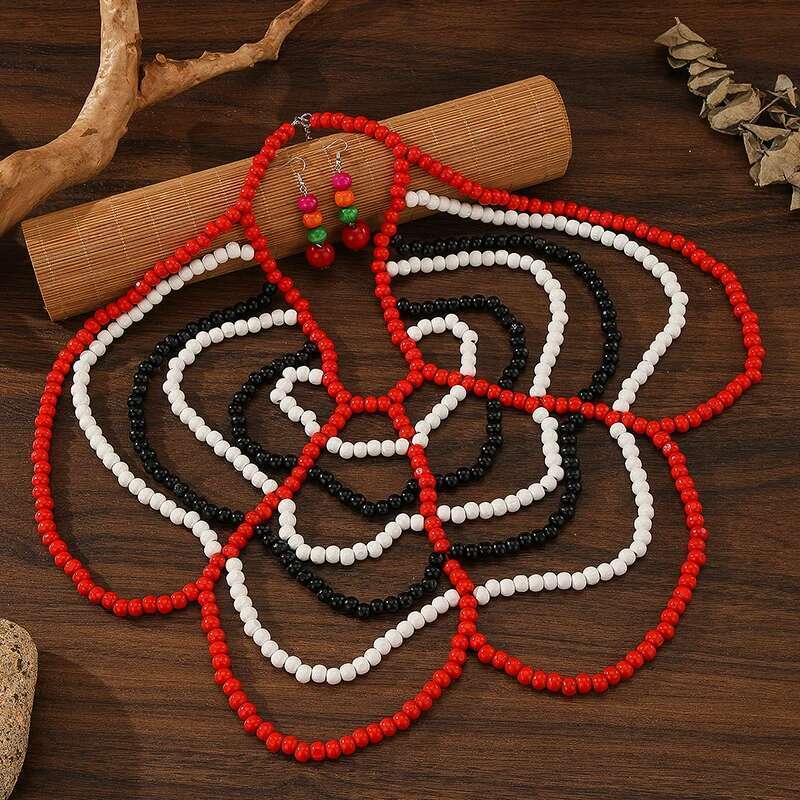Ethnic Black White Red Butterfly Shape Necklace & Earrings Set Multi Layer Wooden Beads Wood Jewelry Sets For Women Girl