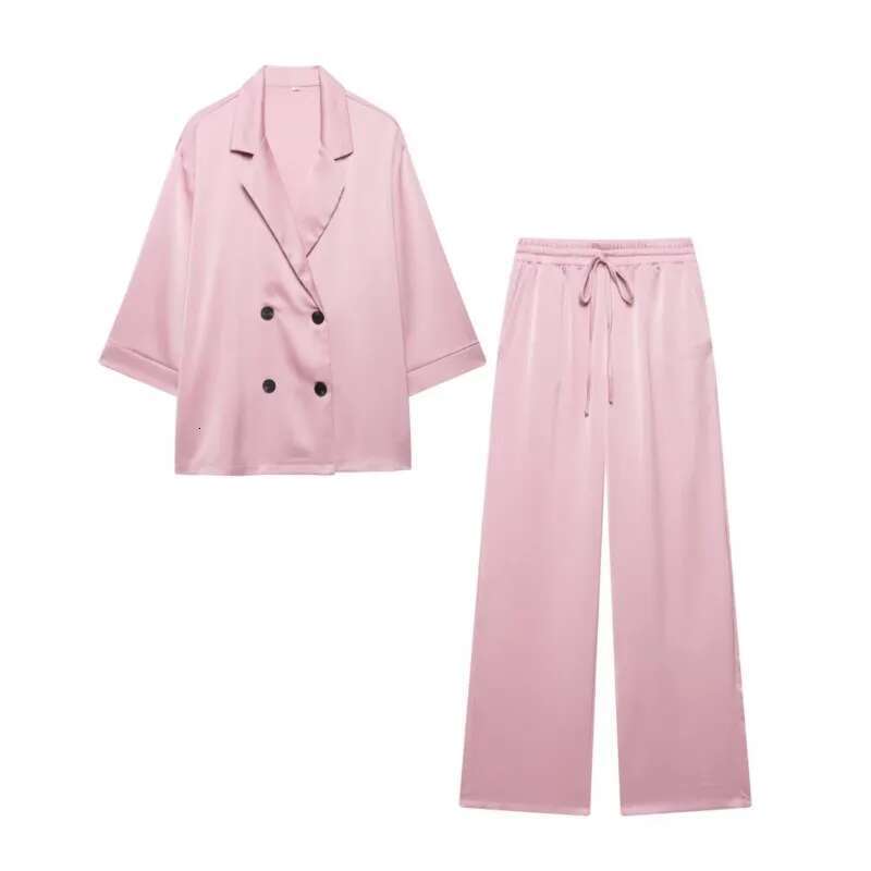 High Waist Pants Set Spring 2 Double-Breasted Satin Blazers Two Piece Lace Up Creased-Effect Trousers Women Outfit