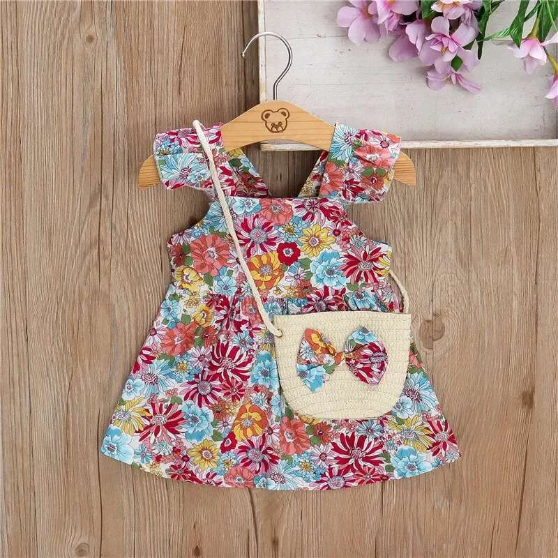 (Girls 0-3 Years Old)New Summer Girls Halter Small Flying Sleeve Ruffled Flowers Full Print + Crossbody Bag A-Line Dress