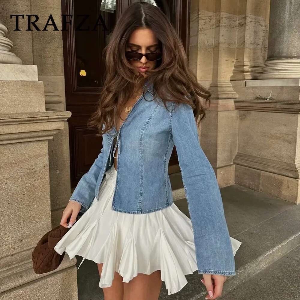 TRAFZA 2025 Spring Summer Casual Women Denim Fashion Streetwear BOWtie Solid Turn-down Collar Chic Open Shirts