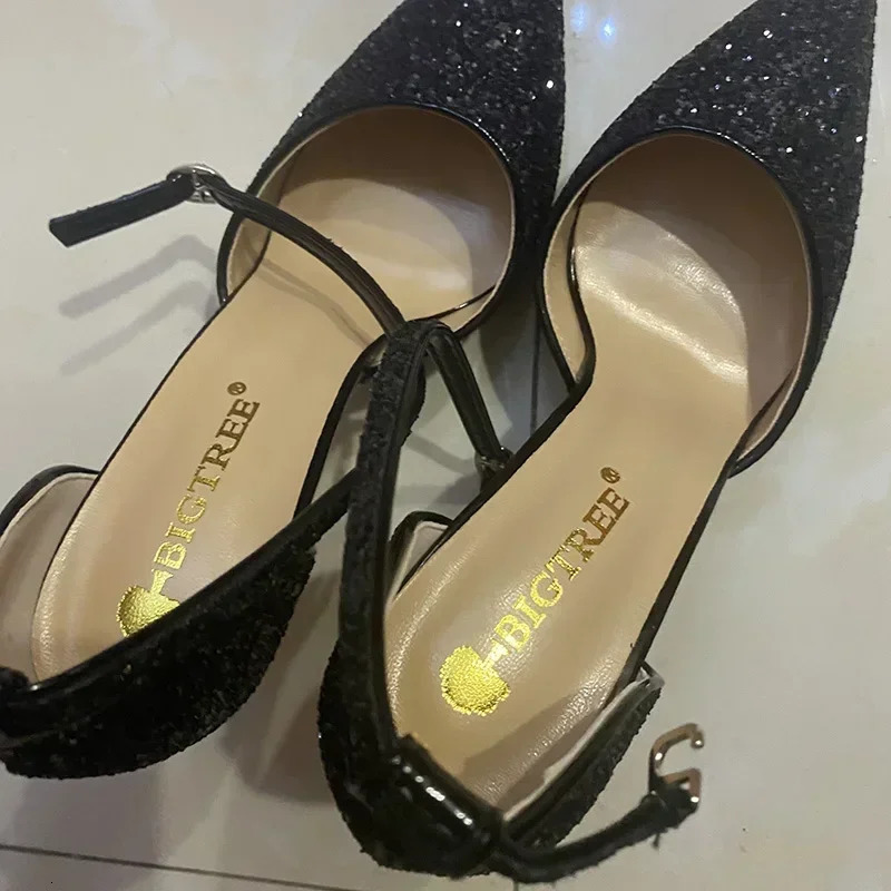 Women Sparkly Summer Mid Kitten Heels Sequins Sandals Lady 7.5cm 9.5cm High Heels Glitter Classic Ankle Strap Banquet Sandles 250428