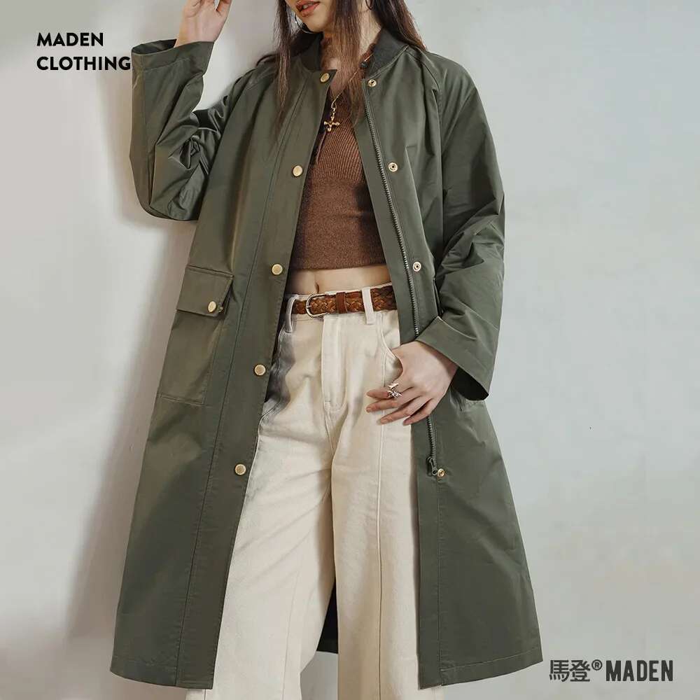 Maden Retro Olive Green Mid-length Trench Loose Fit with Flap Pockets Versatile Spliced Coat for Women's Spring and Autumn