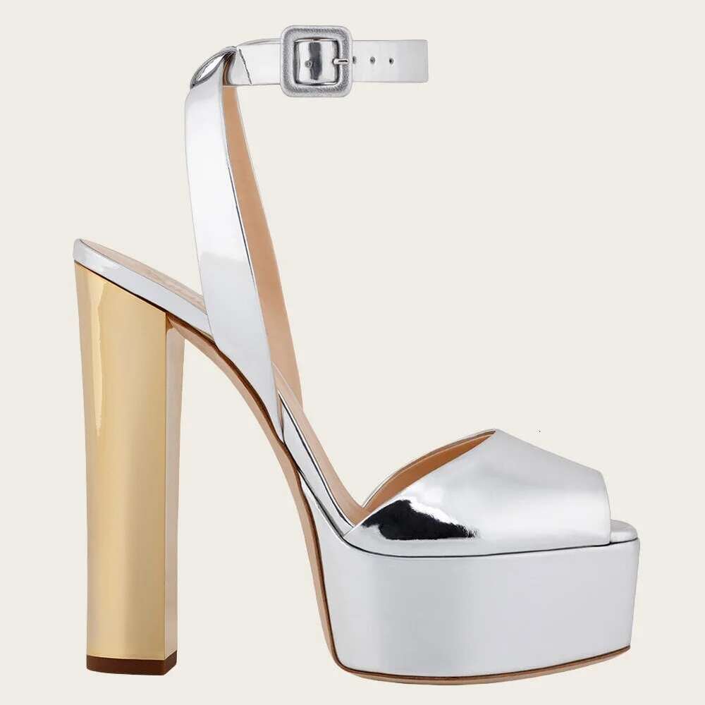 New Fashion Sequined Thick Soled Sandals Open Toe Block Heels Ankle Buckle Women's Party Dress Shoes