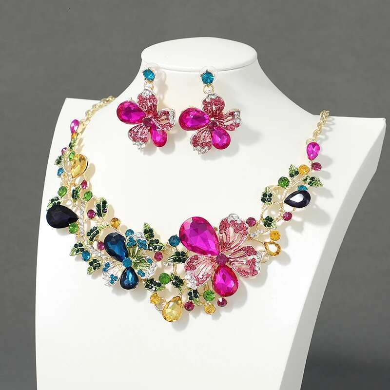 Itacazzo Bride Wedding Colorful Flower Necklace Earring Set Exquisite And Elegant Ladies Suitable For Party Festivals