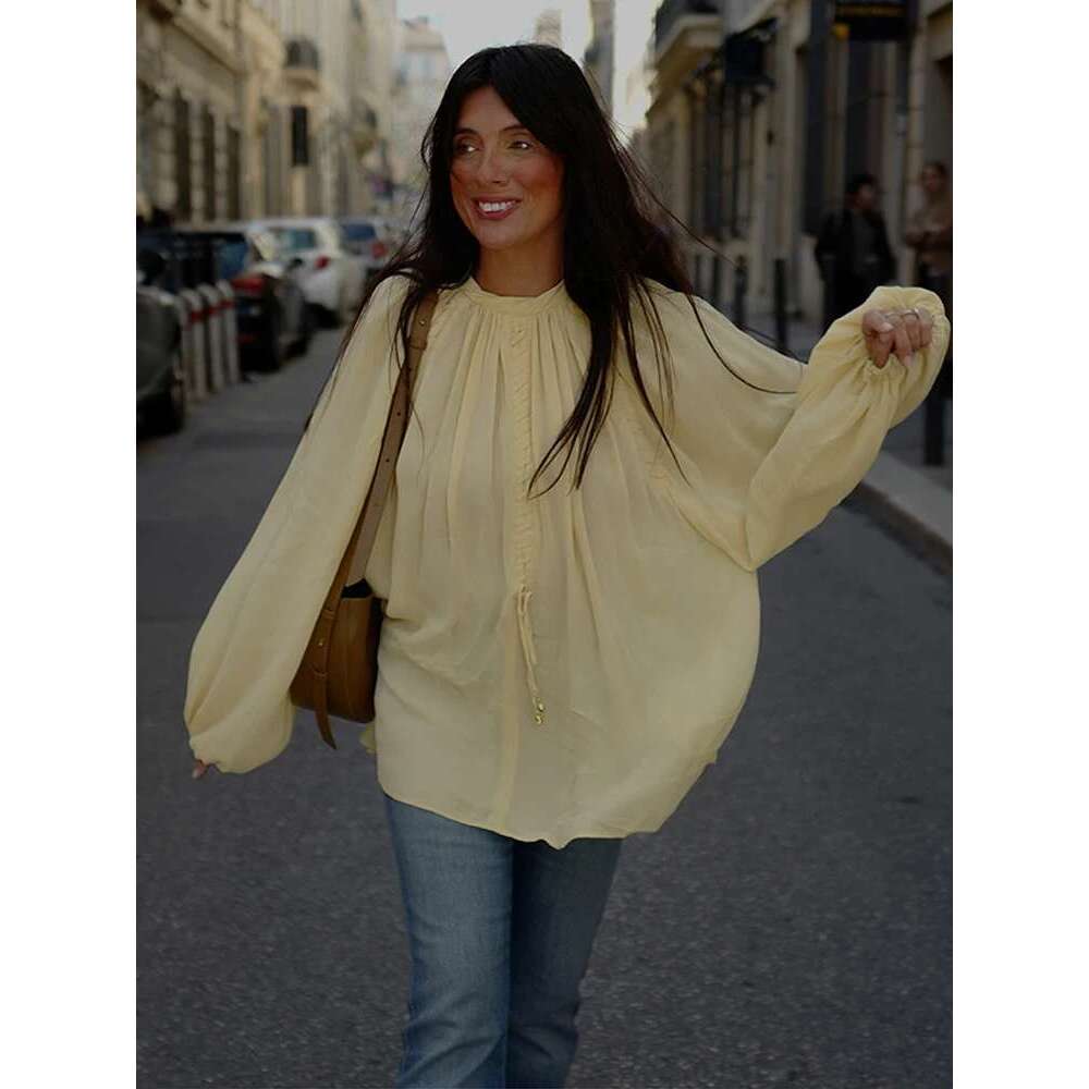 V-Neck Lace Up Waist Cinching Shirt Woman Casual Set Pleated Loose Solid Color Skirt Chic Elegant Versatile Baggy Women's Suits
