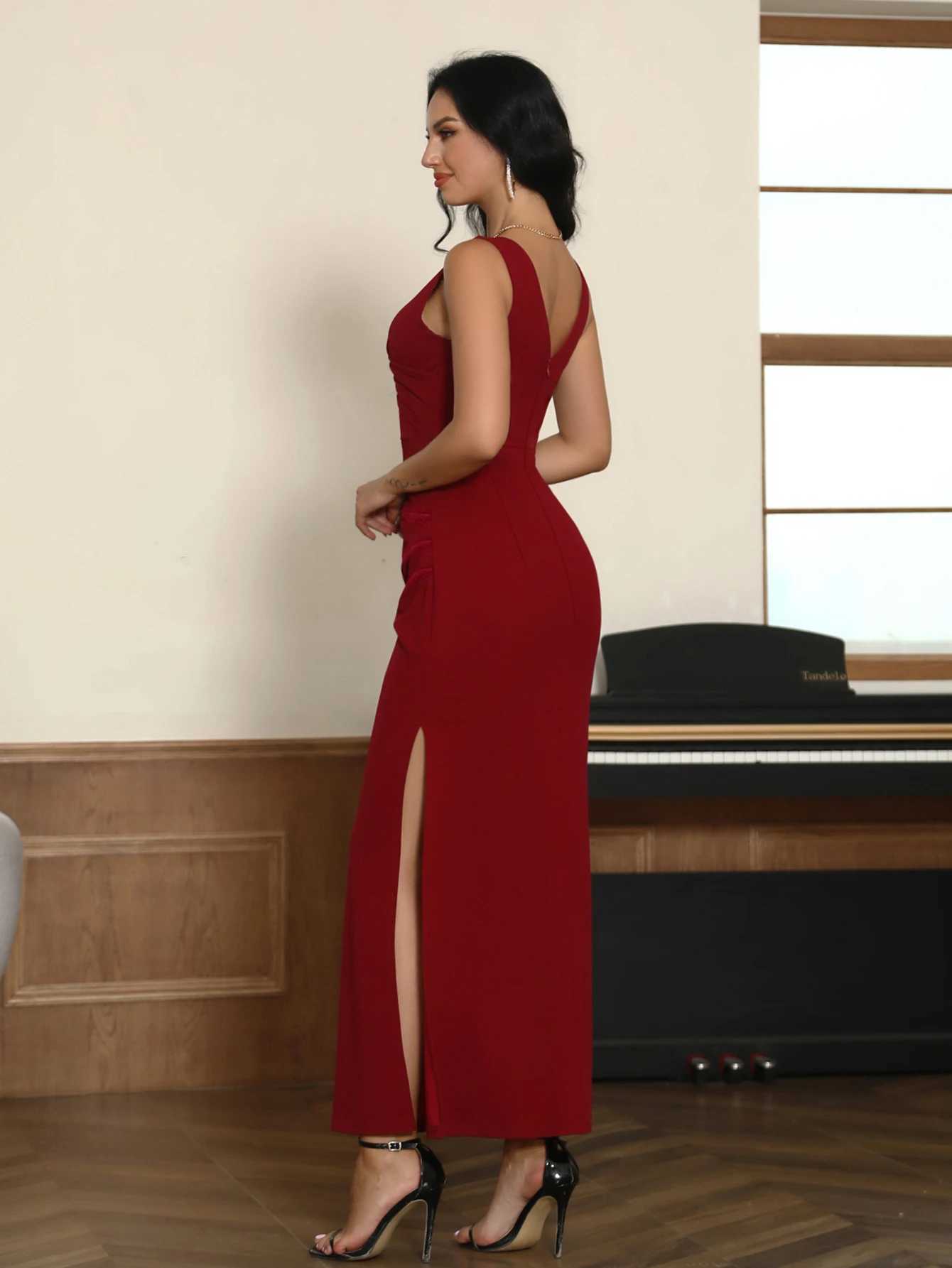 Womens V-neck patchwork sleeveless formal dress Ruched Bodycon elegant wedding cocktail evening gown W250430