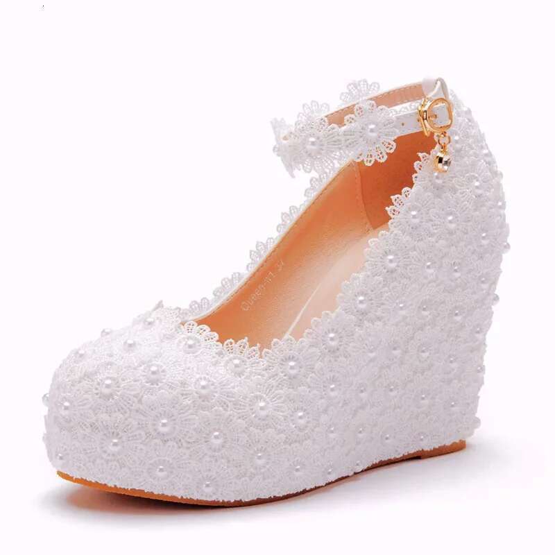 Spring pearl rhinestone lace waterproof platform wedding slope heel high-heeled large size banquet dress women's shoes