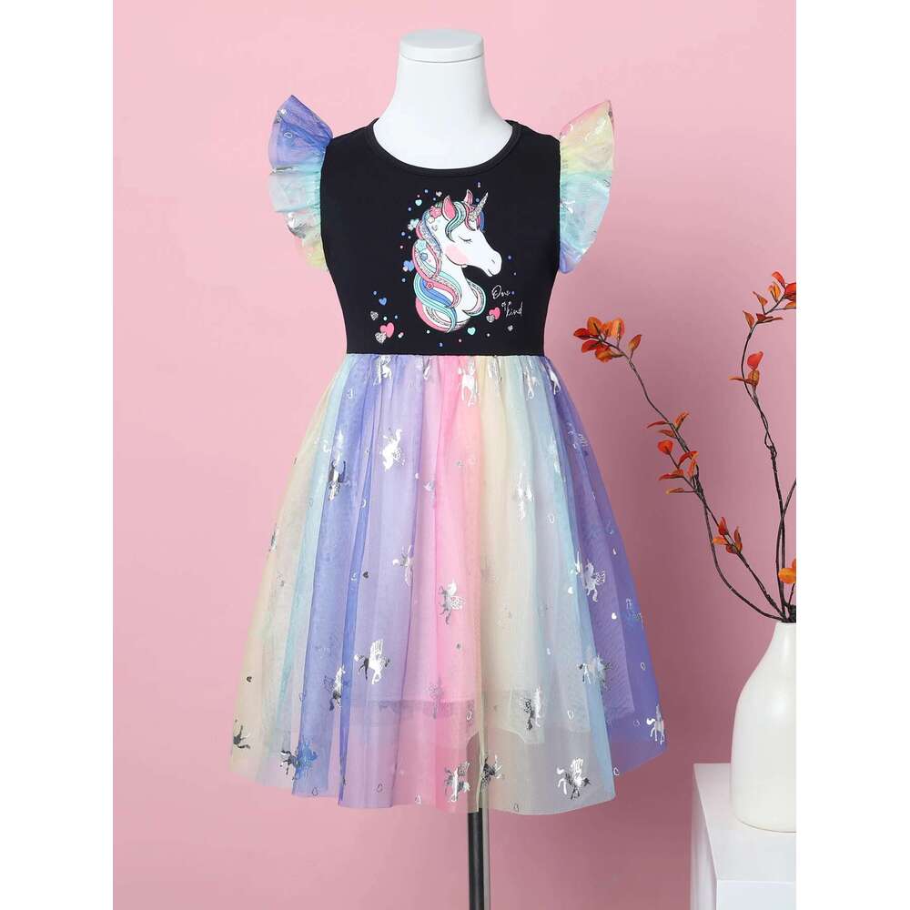 Girl's Summer Cartoon Unicorn Print Rainbow Mesh Splice Princess Birthday Party Sleeveless Dress Sh1791