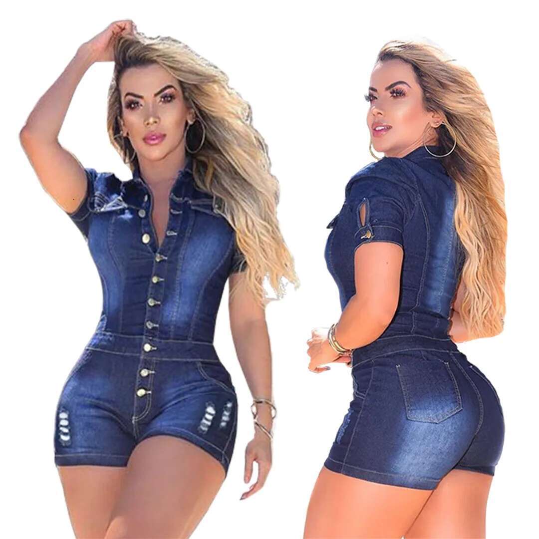 Bleached Denim Rompers Women Jean Overalls Washed Vintage One Piece Single Breasted Shorts Jeans Skinny Solid Distressed