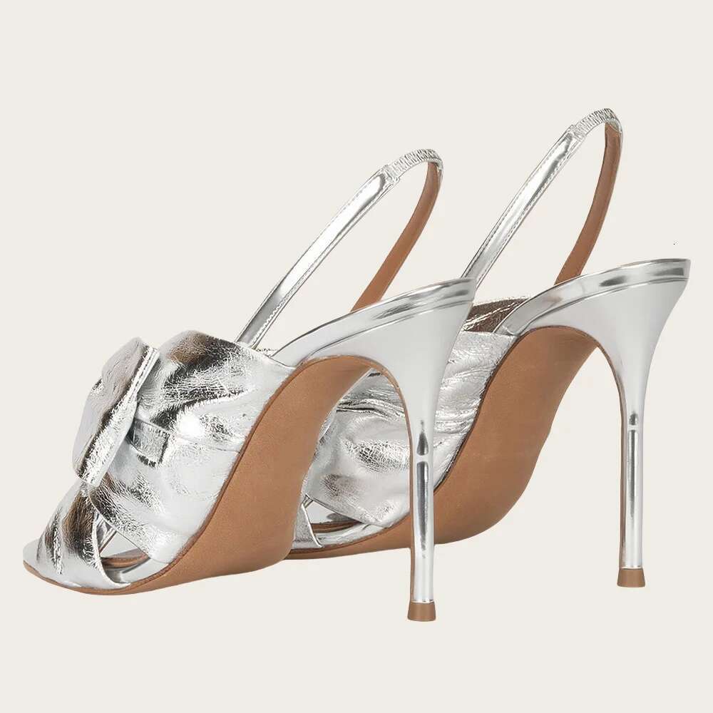 New Sexy Sier Gold Women Stiletto Mules Butterfly Knot Slip On Female Thin High Heel Party Summer Slippers Shoes