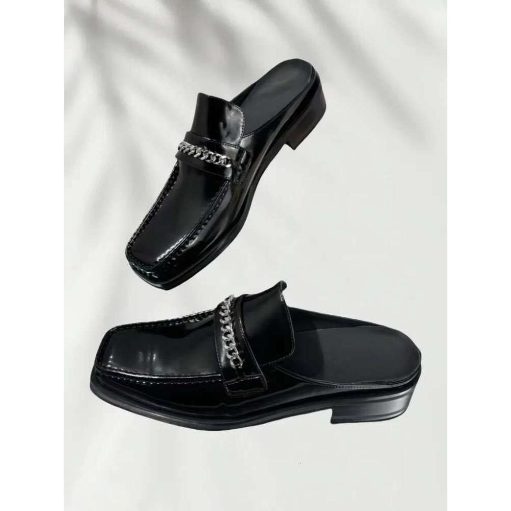 Square Toe Casual Flat Half Slippers Glossy Leather Metal Button Chain Men Man Shoes Slip-on Summer Comfortable Loafers