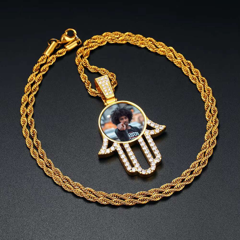 Memory Jewelry 32mm Gold Plated Brass AAAAA CZ Diamond Iced Out Hamsa Hand Custom Picture Necklace Pendant With Chain