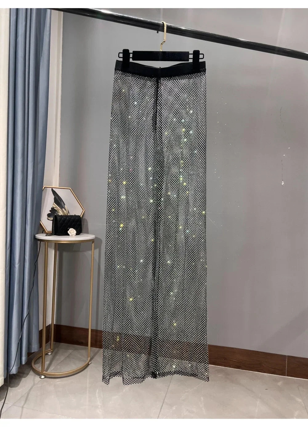 European and American Street Womens Sparkling Colorful Diamond Glowing Grid Wide Leg Pants Floor Dripping Stone Stripes 250428