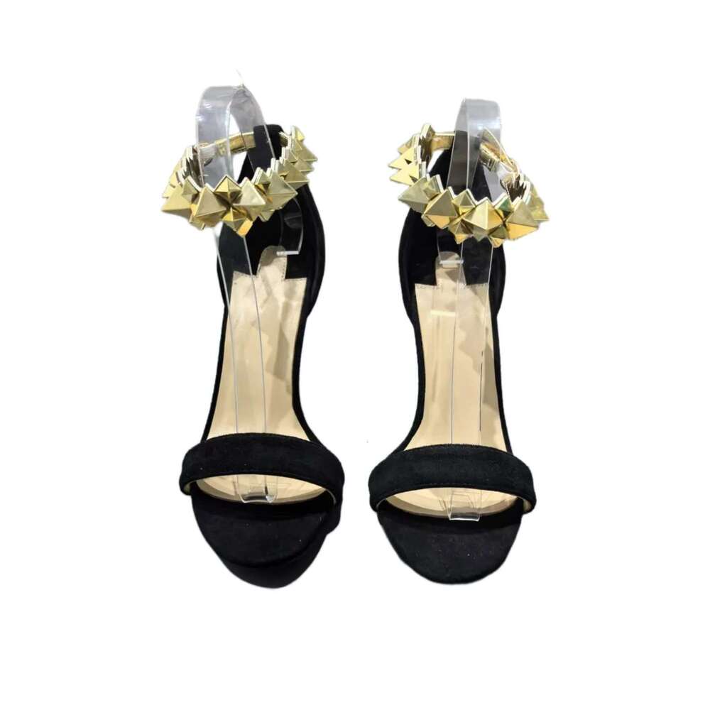 New style Luxurious Open Toe Sexy Stiletto Heels Advanced Black Gold Woman Wedding Party Rivet Decorated Women Shoes