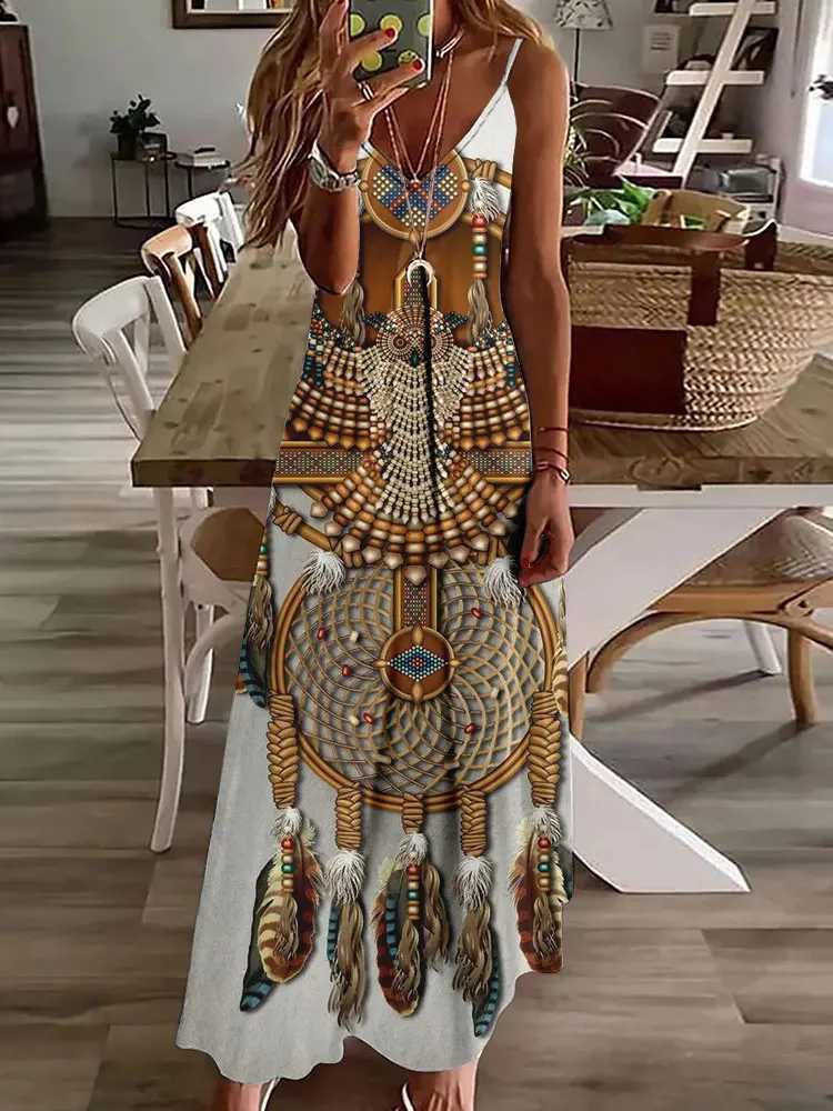 2024 new 3D owl retro printed sleeveless vest for women with tribal pattern spaghetti shoulder strap dress summer long loose vest W250430