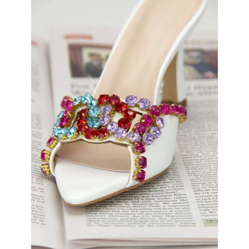 Fashion Designer Rhinestone High Heels Pointed Outdoor Slippers Slip Sandals Hollow Women Mules Party Shoes