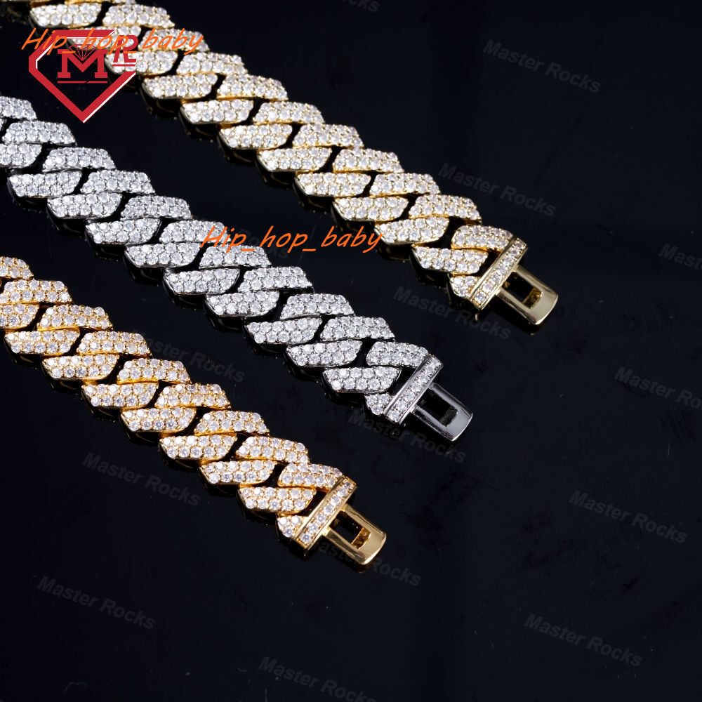 Hip Hop 14mm Ice Out Miami Cuban Link Chain 925 Sterling Silver 2 Rows Vvs Moissanite Cuban Link Chain