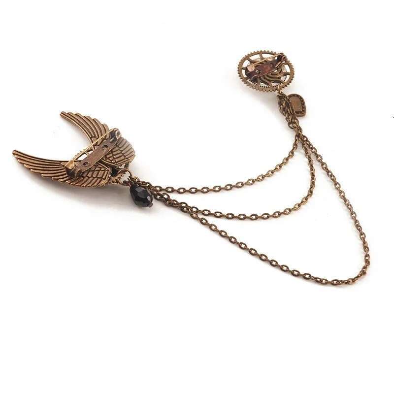 Retro Steampunk Wing Brooches Gear Skull Tassel Chain Lapel Pins Men Shirt Suit Badge Jewelry Accessories