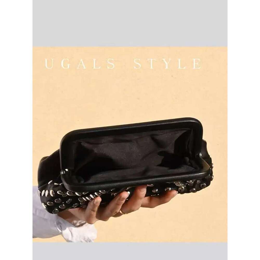 Fashion Rivet Punk Shell High Quality Textured Leather Pleated Clutch Purse For Dinner Party Women Handbag Female Casual Bag