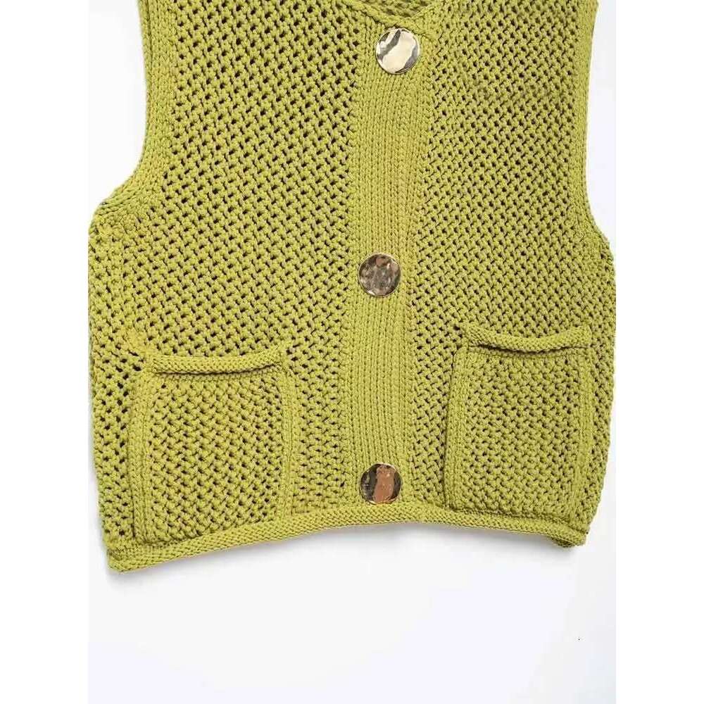 Trza-Women's Knitted Vest Sweater With Golden Buttons, O-Neck, Sleeveless, Patch Pockets, Female Outerwear, Chic Tops,Fashion
