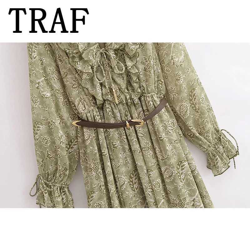 TRAF Womens 2025 New Fashionable Printed Elegant Womens Long Sleeve Dress with Midi Dress Womens Party Dress W250430