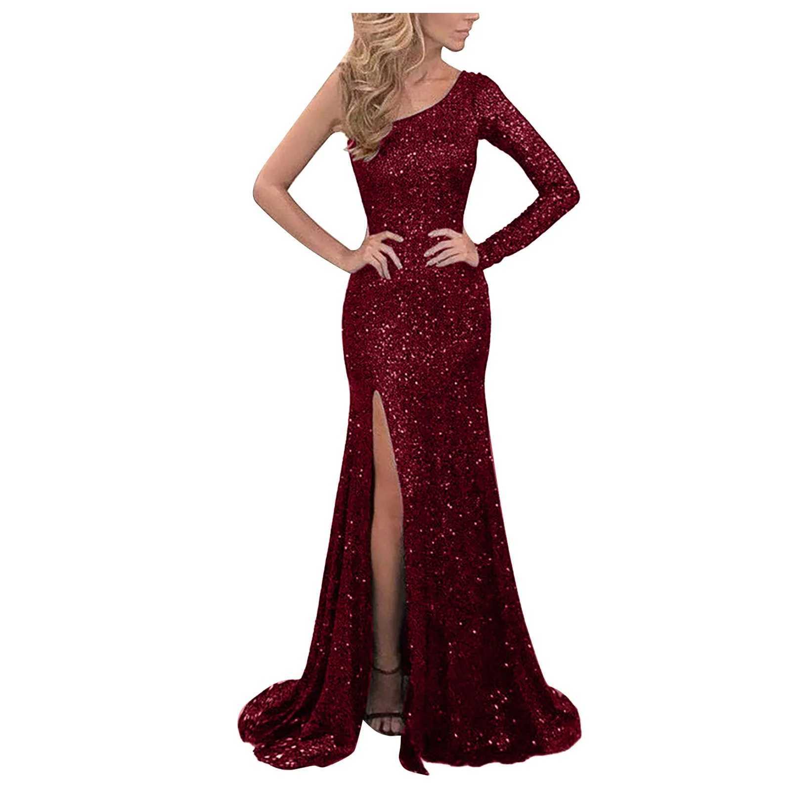Elegant womens sexy solid color long sleeved single shoulder sequin ultra-thin wedding evening dance slotted long dress vest W250430