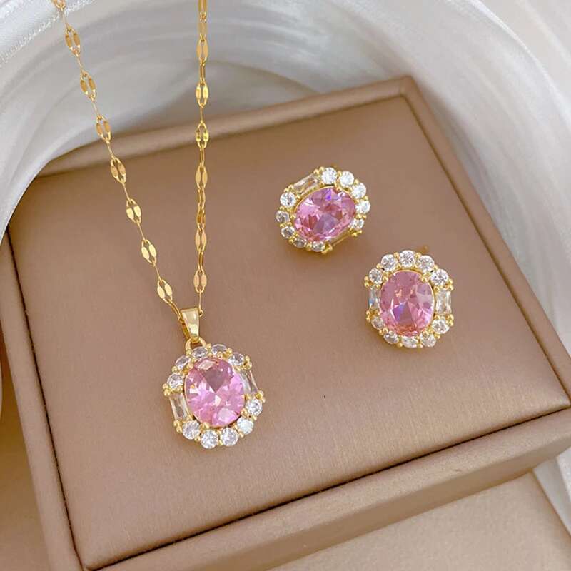 304 Stainless Steel Chain Micro-Inlaid Pink Zircon Necklace Earrings Light Oval Crystal Pendant Charm Jewelry Set