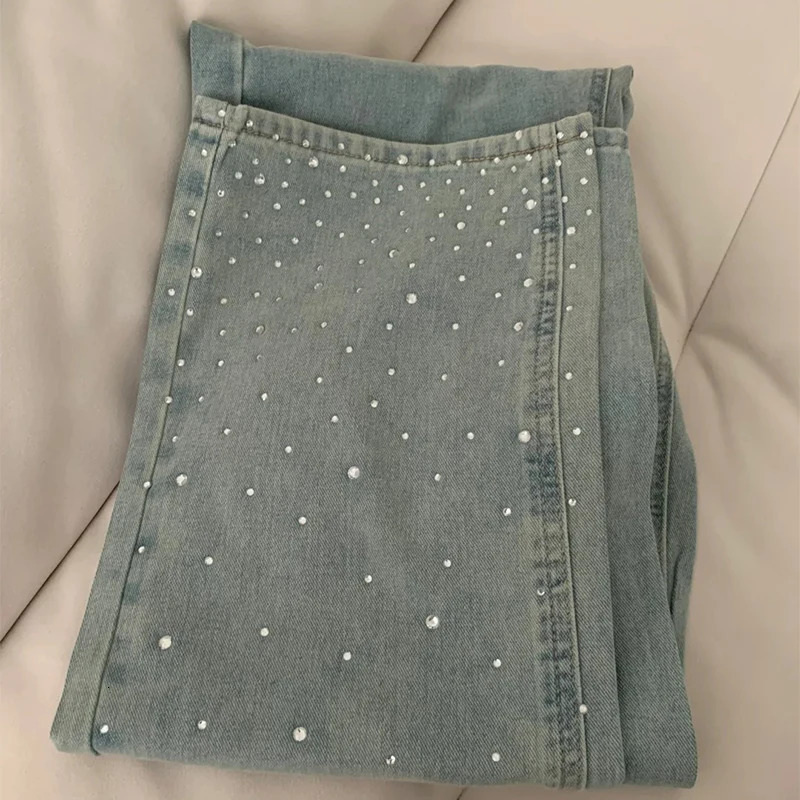 Womens rhinestone wide leg jeans Korean fashion light blue straight denim pants simple daily outfit with loose 250428