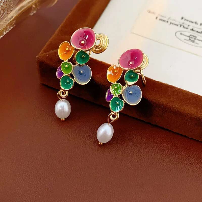 Vintage Earring For Women Oil Lotus Leaf Artificial Pearl Drop Earrings Fashion Light Designer Jewelry