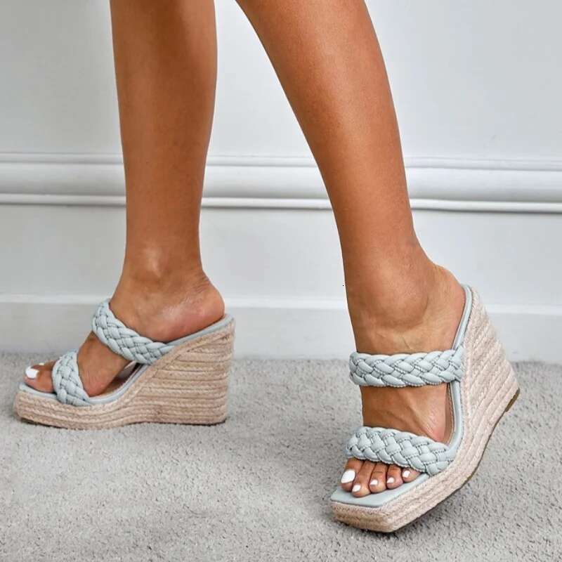 Braided Strap Women's Slippers Slip on Gold Sandals Wedge Heel Open Toe Platform Textile Fashion Casual Shoes Women