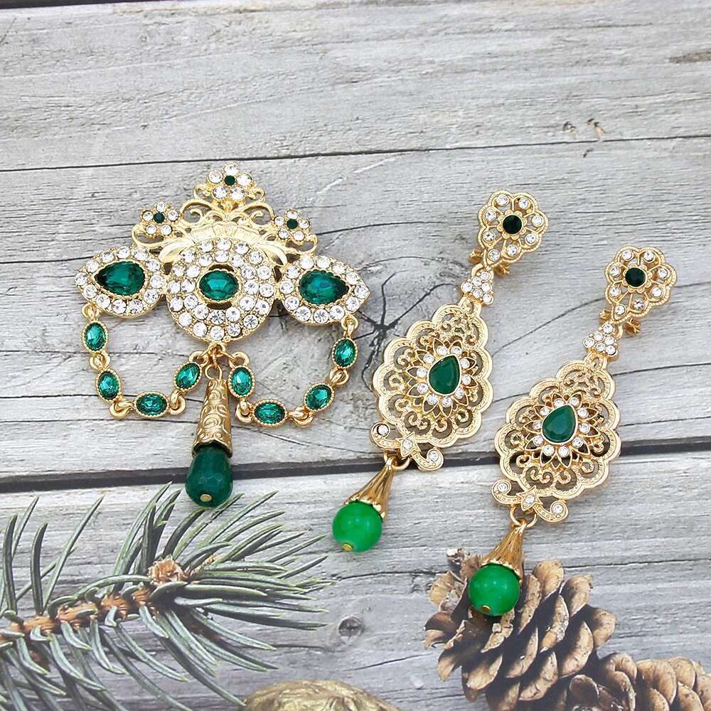 Neovisson Fashion Style Moroccan Brooch Earring Set For Delicate Women Gold Color Pink Blue Crystal Arabi Shining Bridal Gift