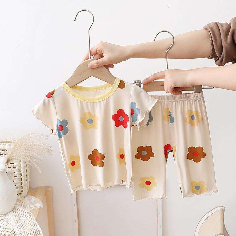 Girls' Set, Air Conditioning Suit, Ice Silk Soft Sleepwear, Summer Thin Design, Stylish Korean Style Short Sleeved Home Outfit For Baby Girls