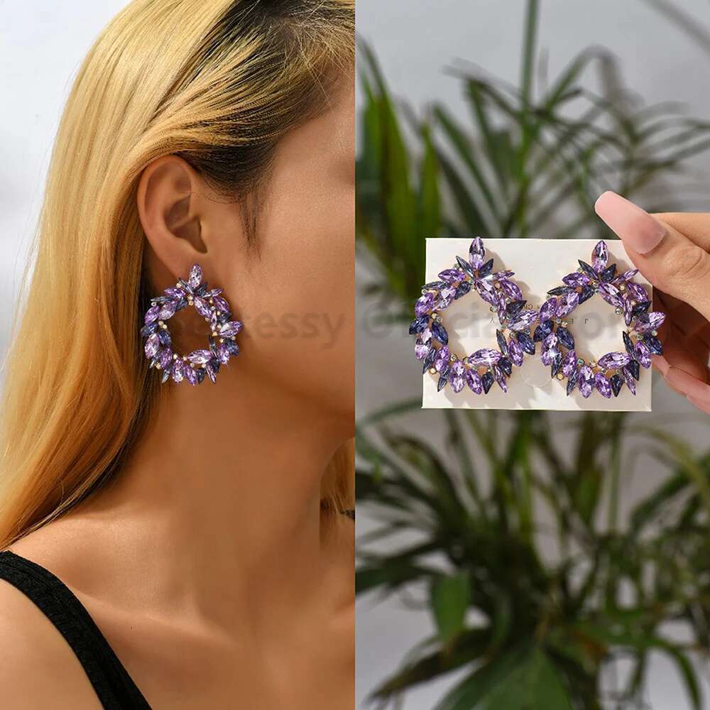 Purple Collection Fashion Crystal Drop Dangle Earrings For Women Designer Trendy Heart Petals Round Pendant Party Jewelry