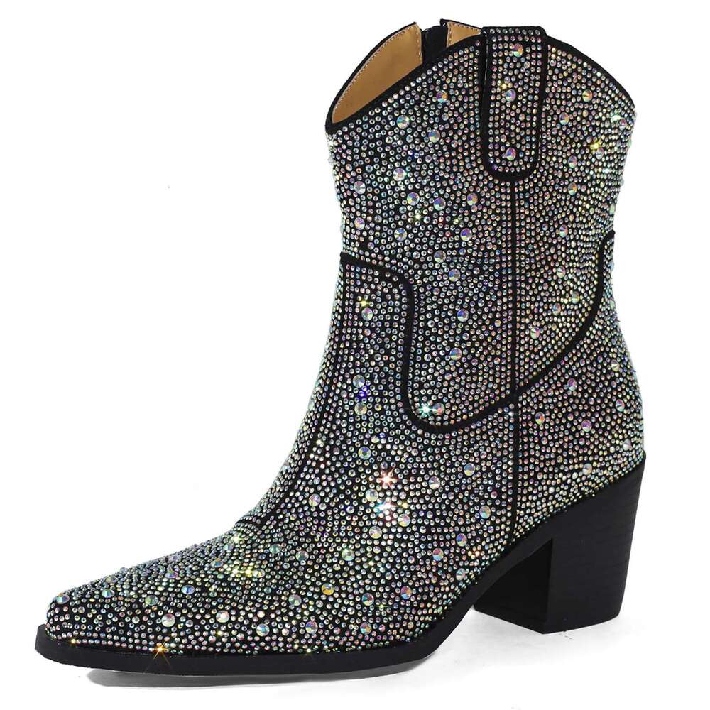 Spring Autumn Fashion Rhinestone Chunky Heel Pointed Toe Comfortable Shoes Women Ankle Boots Shiny