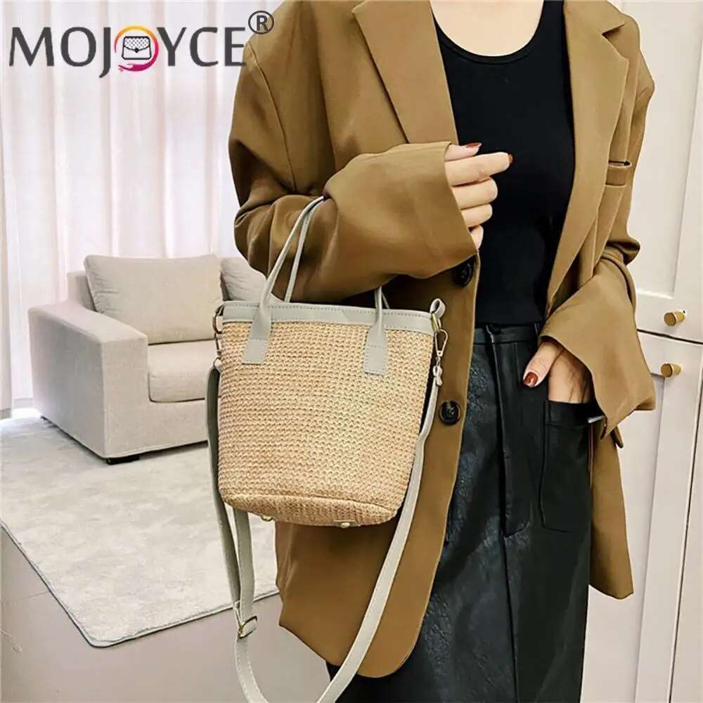 Women Fashion Bucket Straw Shoulder Bag PU Woven Totes Crossbody Handbags