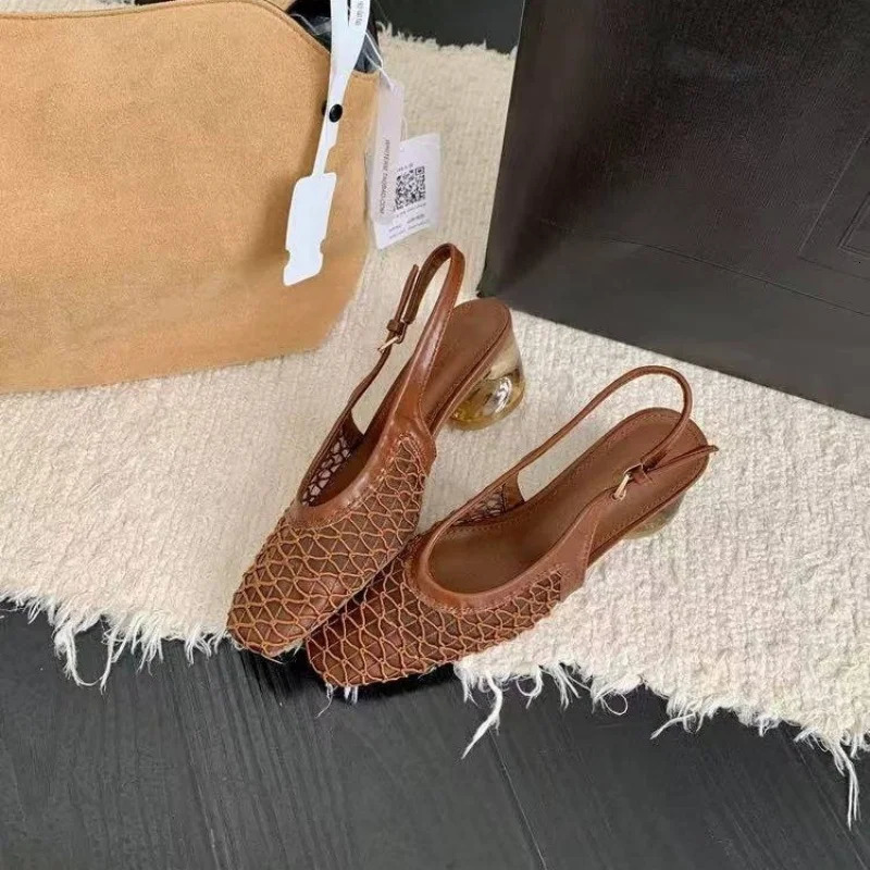 2025 Summer Fashion Square Toe Mid-heel Comfortable Sandals Buckle Sexy Banquet Mesh Breathable Single Shoes for Women 250428
