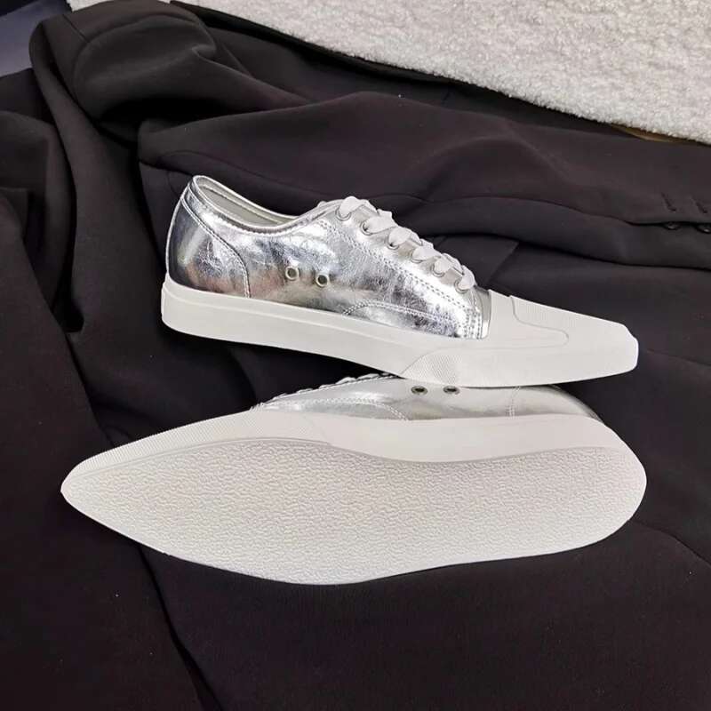 Brand Canvas Sneakers Pointed Thick Soled Casual Lace Solid Fashionable Simple Novel Women Flat Shoes