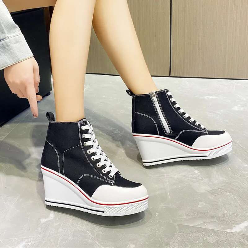 Spring and autumn heightened thick sole high-top solid color canvas casual large-size waterproof platform flat women shoes