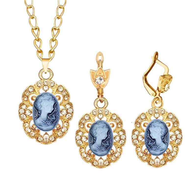 6 Colors Lady Queen Cameo Sets For Women Gold Color Flower Pendant Crystal Fashion Necklace Earring Jewelry