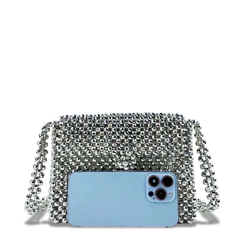 New Retro Sier Metallic Shiny And Dull Handmade Woven Beaded Pearl Flip Small Square Crossbody Bag