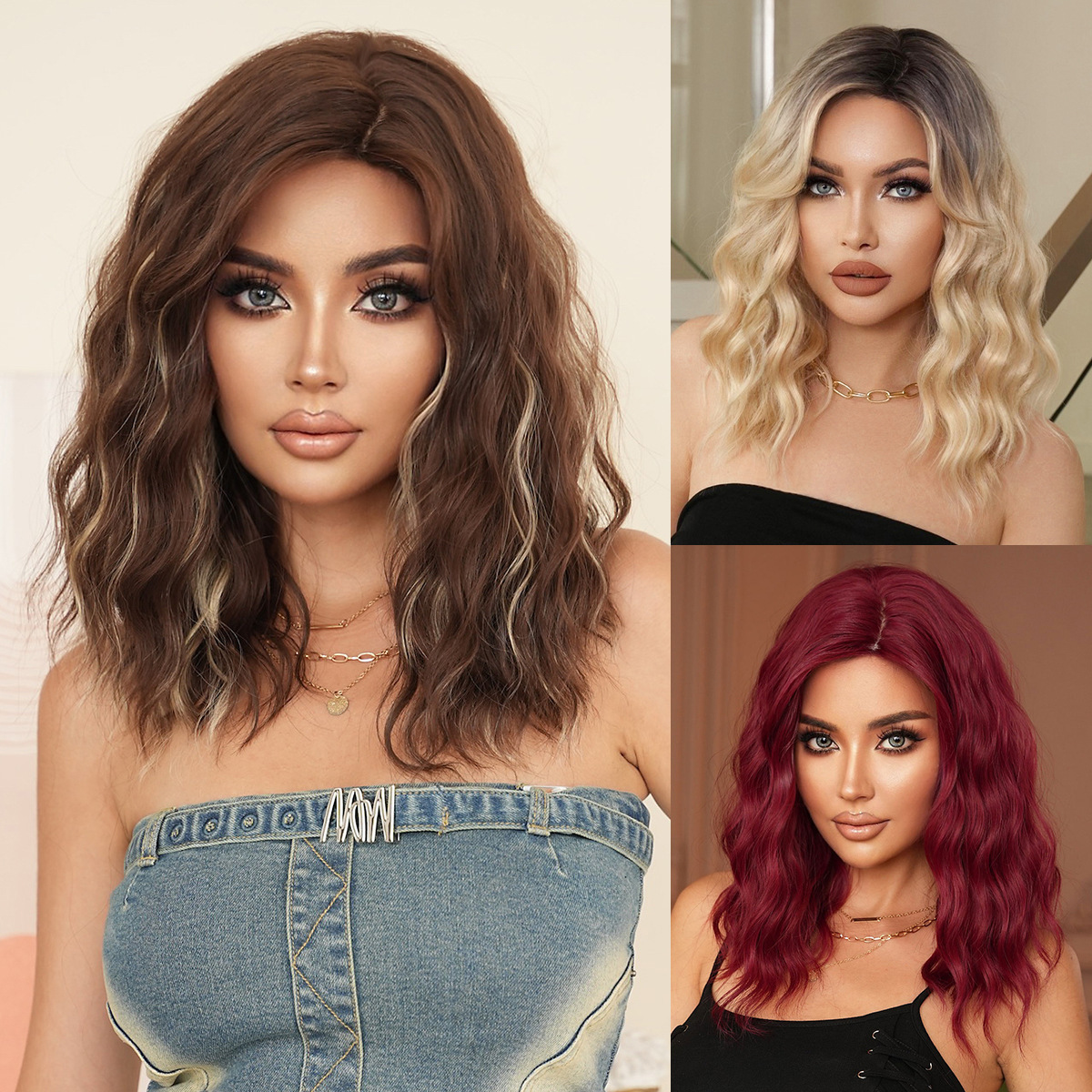 brown Natural wig for women shoulder length curly hair with side parted bangs dyed gold synthetic heat-resistant fiber wig