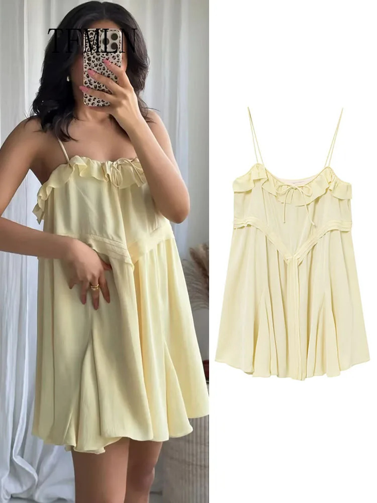 TFMLN 2025 Summer Women Tierred Mini Strap Dress Sweet Sleeveless Bow Causal Loose Dress Fashion Yellow Beach Style Dress 250428