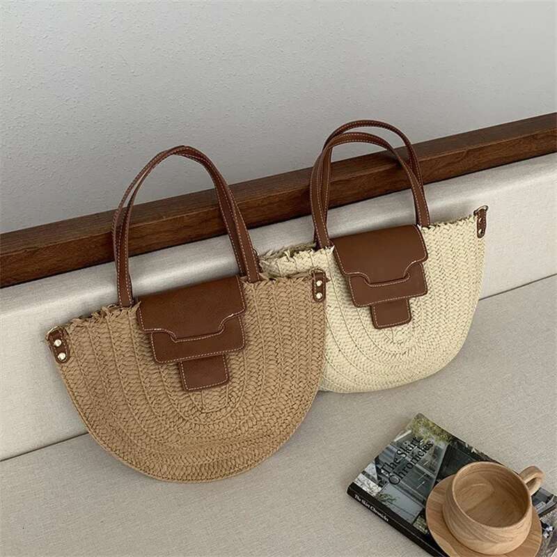 Round Straw Tote Women Fashion Woven Retro Hobo Boho Style Casual Shoulder Bags Summer Beach Bag Sac A Main Bag