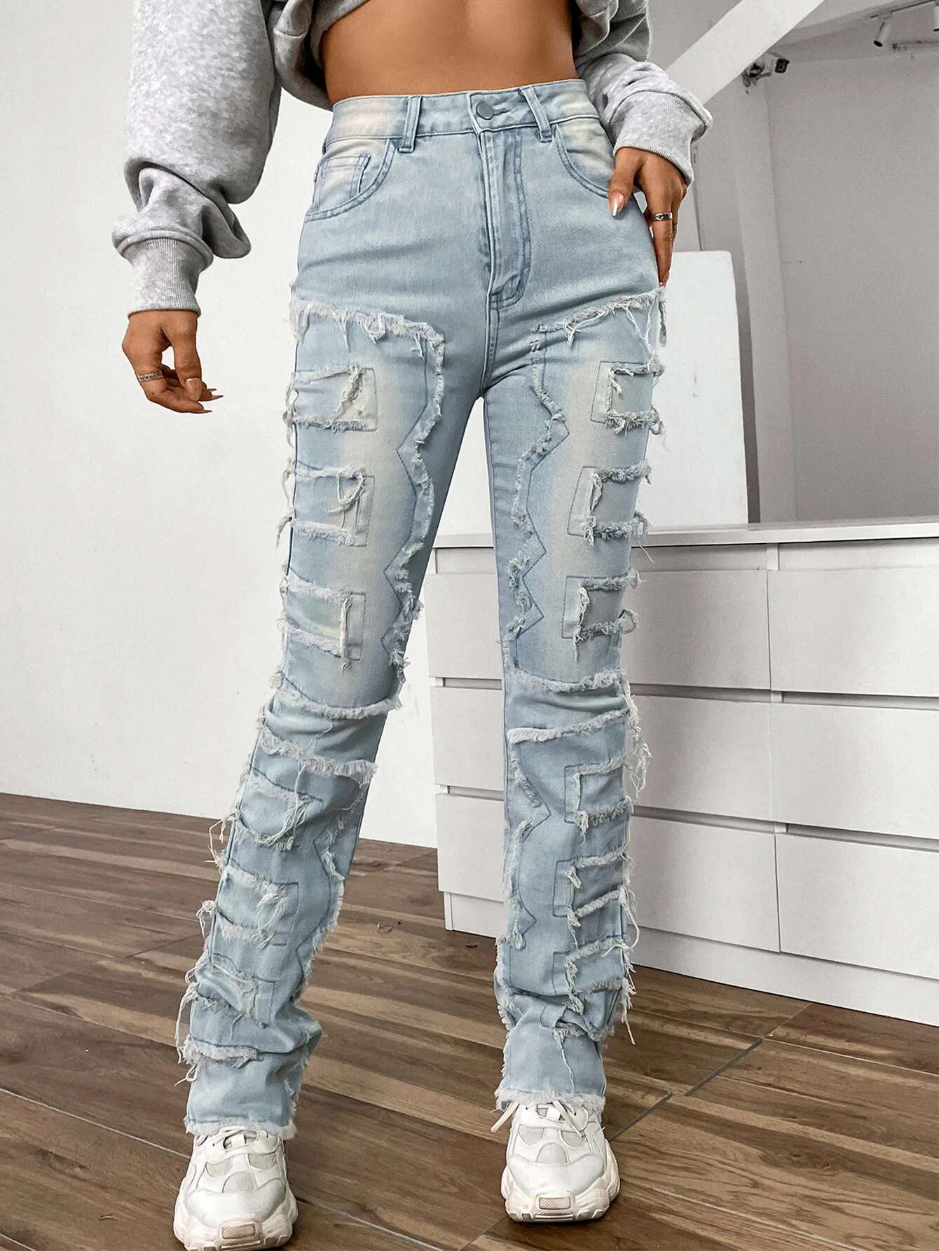 Women Jeans Denim Straight Pants Spliced Patchwork High Street Slim Fit Pockets Mid Waist Washing Zipper Slight Srech fashion