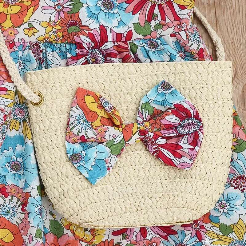 (Girls 0-3 Years Old)New Summer Girls Halter Small Flying Sleeve Ruffled Flowers Full Print + Crossbody Bag A-Line Dress