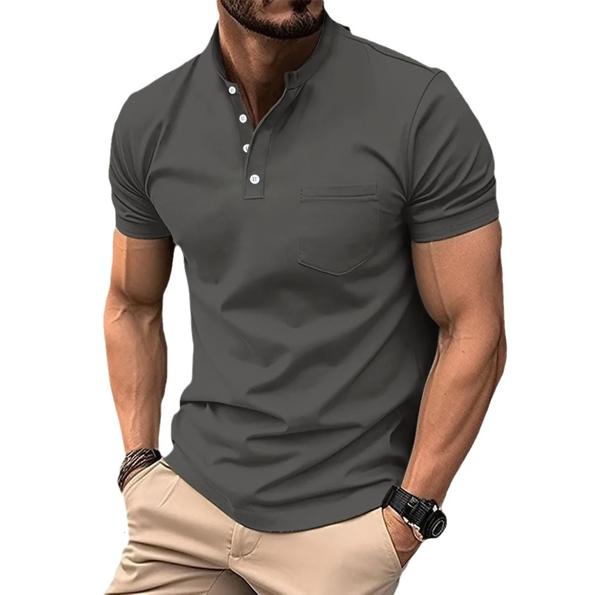 Mens casual polo shirt V-neck button up business solid color casual sports short sleeved polo shirt 250428