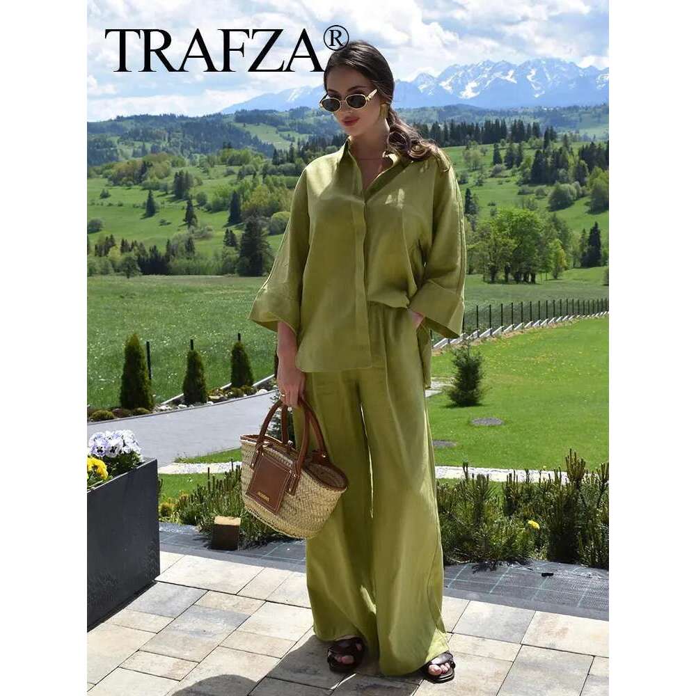 TRAFZA Women Fashion Solid Blouse Single Breasted Long Sleeve Lapel Shirts Casual Loose Female Commuting Chic Top