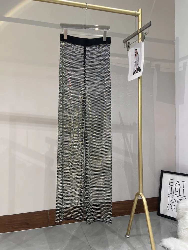 Summer Sexy Hollowed Out European and American Style AB Color Diamond Flash Grid Rhinestone Wide Leg Pants Nightclub 250428