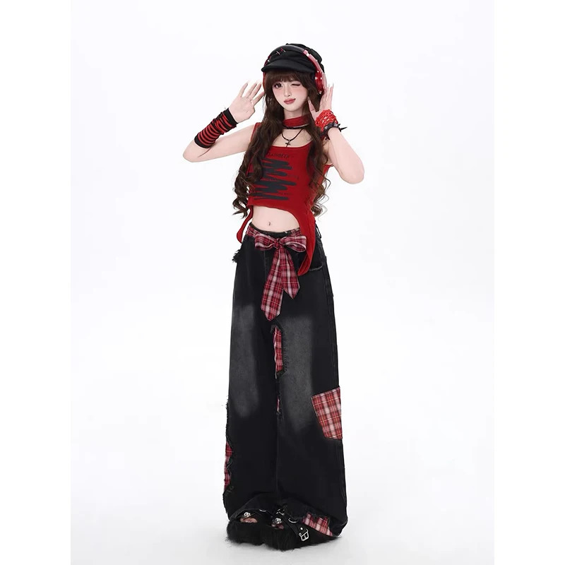 Female Trendy Jeans Grunge Japanese Harajuku Y2K Bagged Denim Pants Netpunk Hip pop 2000s Aesthetic Plain Patchwork Trouser Tomboy 250423