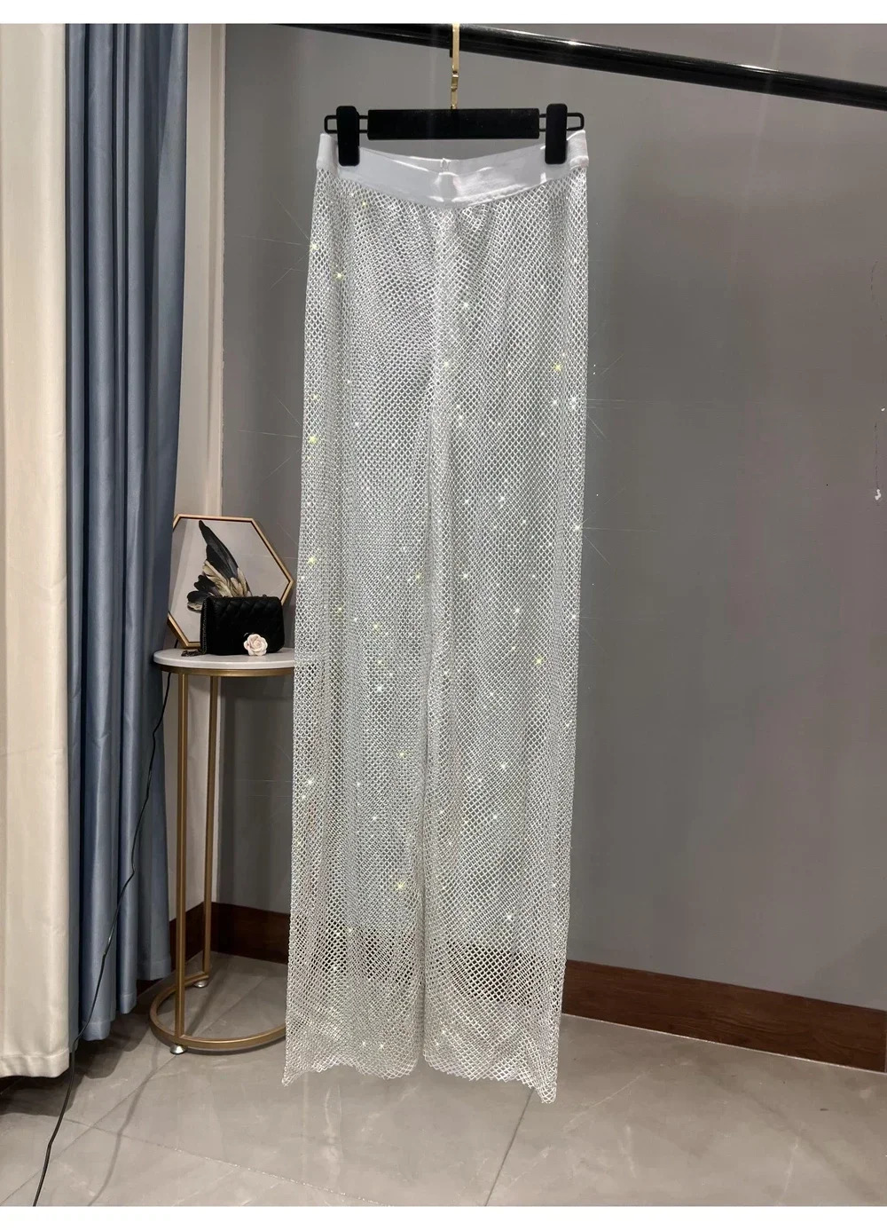 European and American Street Womens Sparkling Colorful Diamond Glowing Grid Wide Leg Pants Floor Dripping Stone Stripes 250428